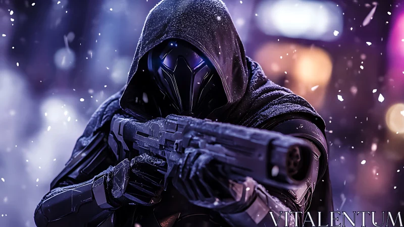 Armored urban sniper in winter storm with tactical optics.