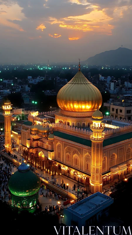 Aerial dusk view of illuminated golden-domed Islamic shrine complex