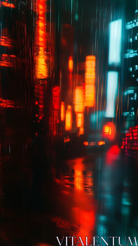 Neon car lights dissolving through rain streaked glass windows.