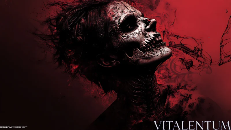 Digital painting of skeletal portrait in red atmospheric void.