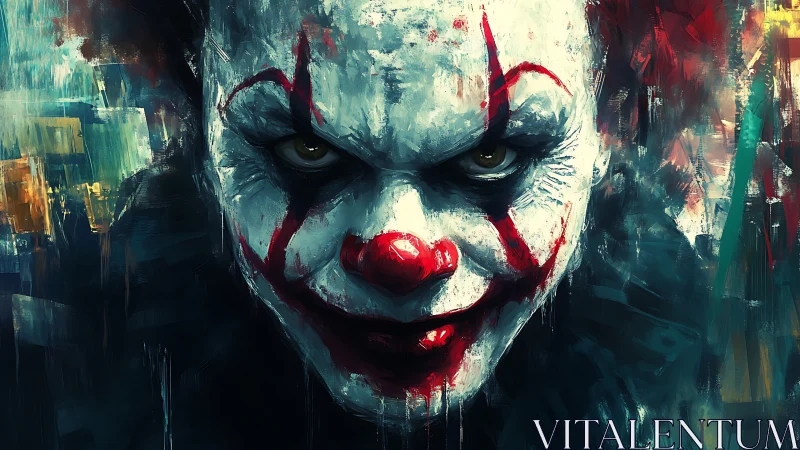 Sinister clown portrait in dark abstract paint style.