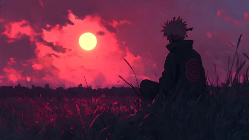 Solitary anime figure watching vivid red sunset sky.