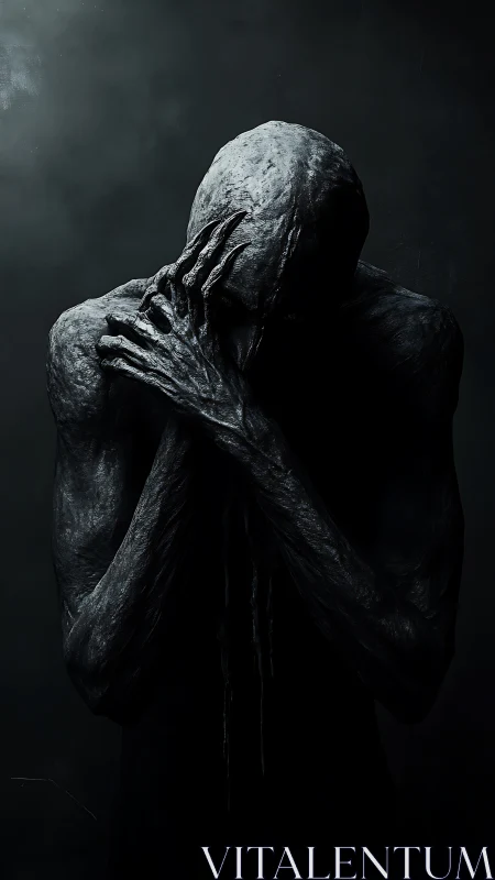 Dark humanoid figure covering face in shadowed environment.