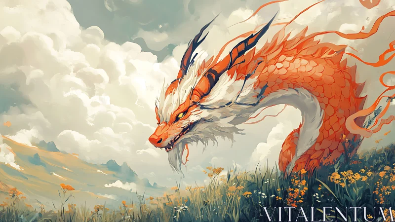 Orange scaled dragon over meadow under dense cloud cover.