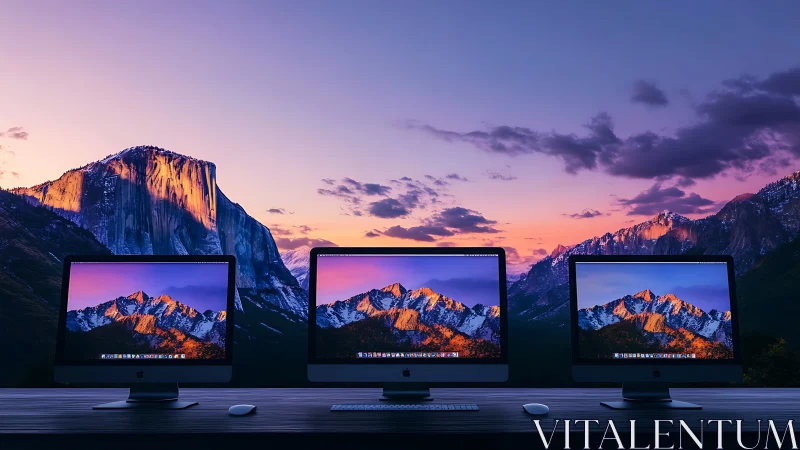 Triple desktop display against sunset alpine mountain panorama
