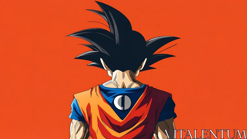 Backlit spiky-haired warrior silhouette on bold orange field.