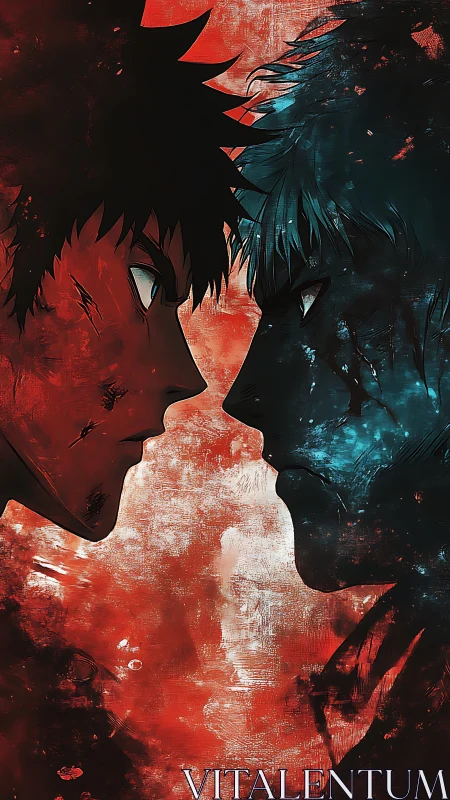 Dual-colored anime rivals confront each other in tense silence.