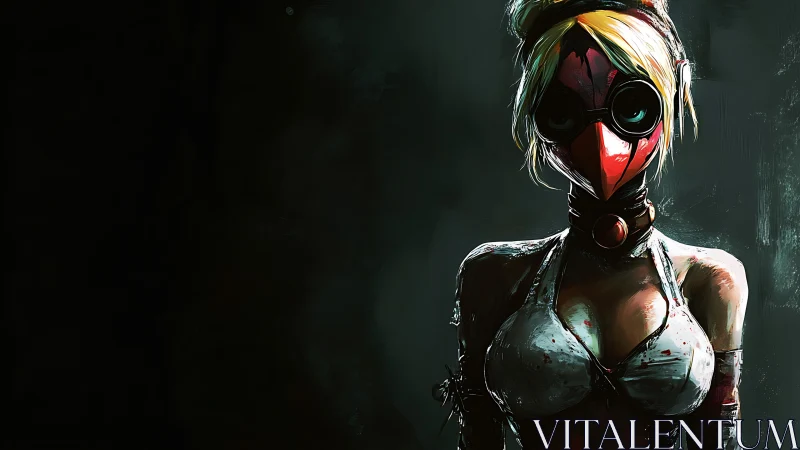 Masked plague nurse in bloodstained cyberpunk attire.