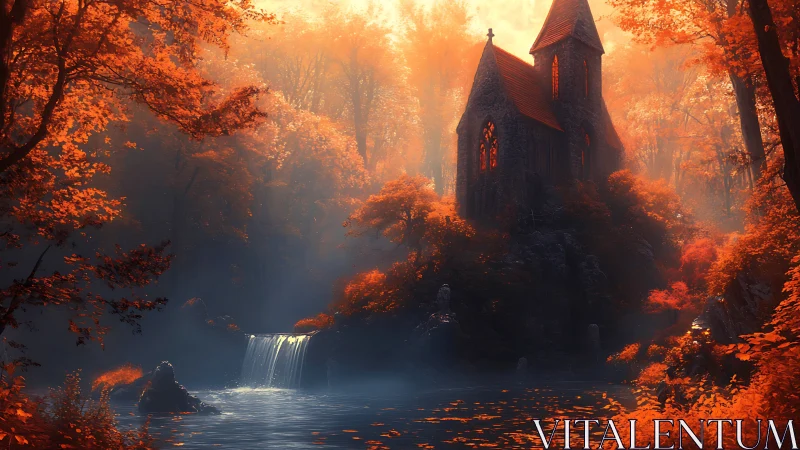 Autumn chapel above misty waterfall in glowing forest dream.