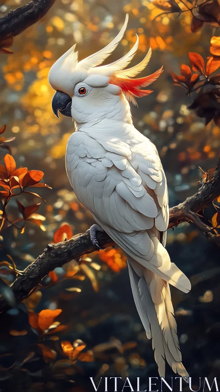 White cockatoo portrait amid warm autumn foliage glow.