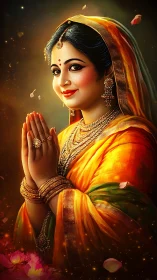 Indian woman greets with folded hands in glowing silk saree.