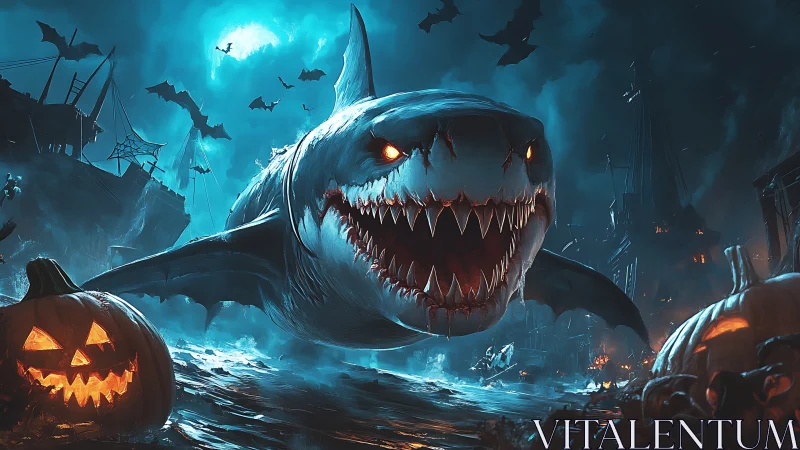 Gigantic demonic shark lunges through haunted seascape at night