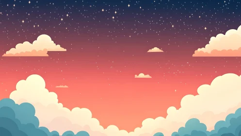Stylized sunset sky shows layered clouds and scattered stars