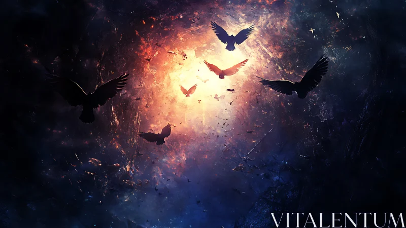 Soaring birds rise toward glowing light in a cosmic sky