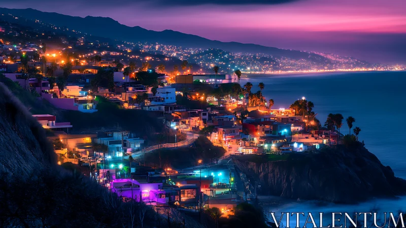 Clifftop seaside town glowing in dreamy neon twilight.
