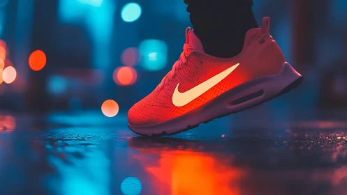 Neon red running shoe with glowing logo hovers above wet street