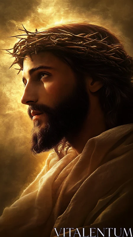 Golden-lit crowned figure in quiet, contemplative sorrow.