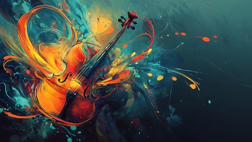 Violin explodes through swirling neon abstract color storm.