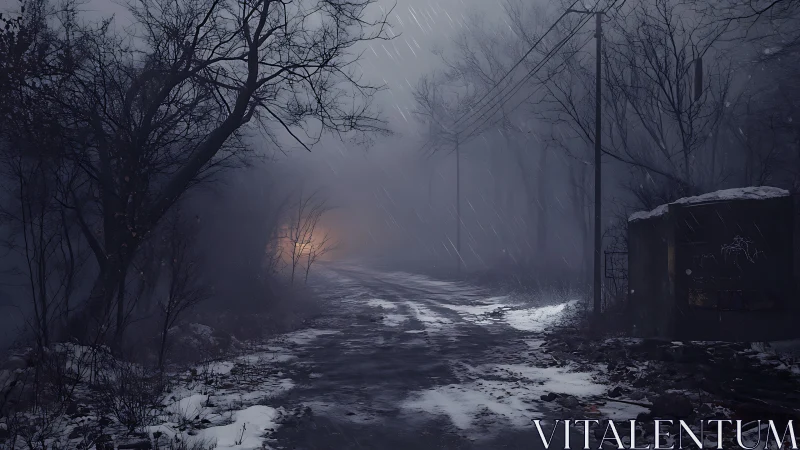 Lonely winter road curves through fog as distant light glows.