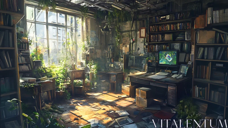 Sunlit overgrown studio merges dense library with wild garden