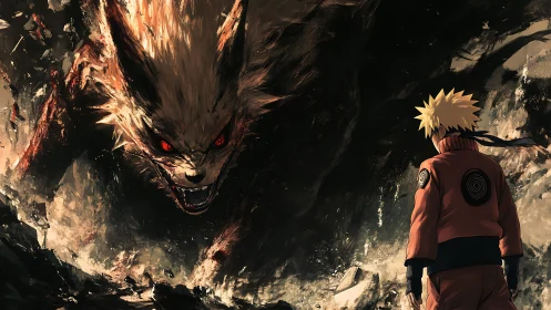 Fiery fox titan confronts lone ninja in crumbling dusk.