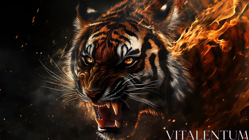 Roaring tiger erupts from swirling fire with primal intensity