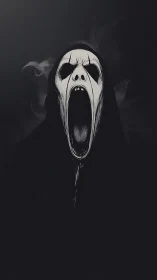 Hooded skeletal figure with elongated open mouth in dark void.