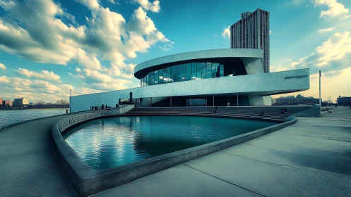 Futuristic riverside pavilion curves around reflective pool.