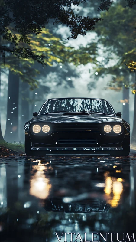 Classic black muscle car glows through misty forest road.