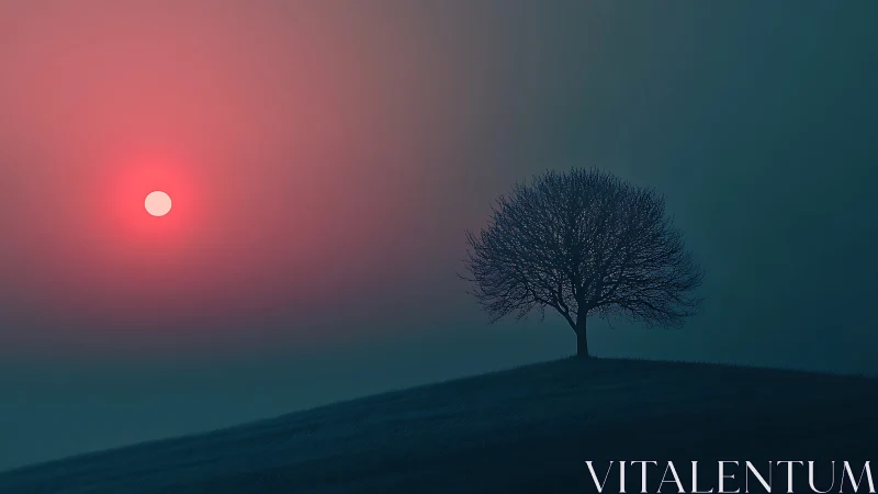 Minimalist silhouette tree against crimson atmospheric sunscape.