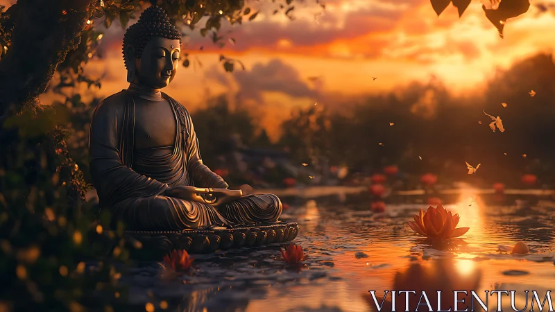 Sunset-lit Buddha statue rendered in high-detail 3D beside lotus pond