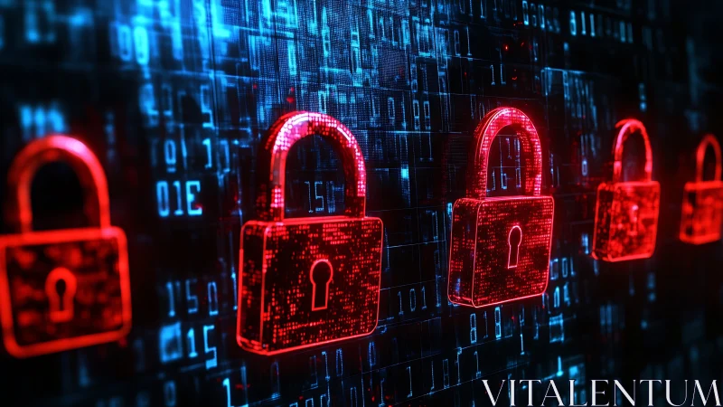Digital red padlocks over binary code background.