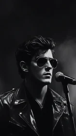 Singer in leather jacket stands before stage microphone