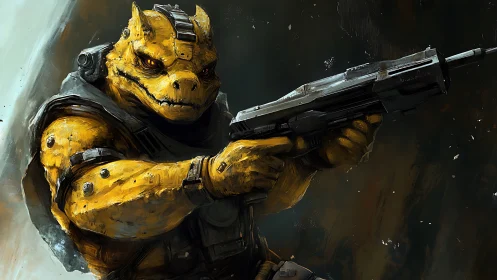 Armored reptilian mercenary aims rifle in deep space standoff.