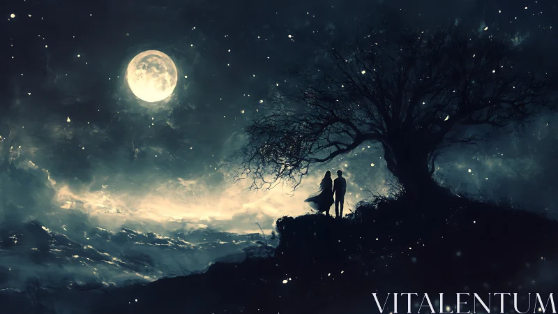 Moonlit Silhouettes: Figures Stand Beneath Full Moon Over Nocturnal Landscape.