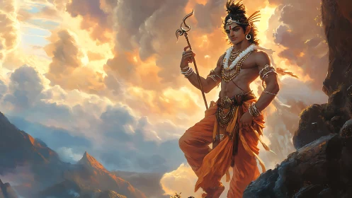 Radiant mountain guardian resting under glowing skies.