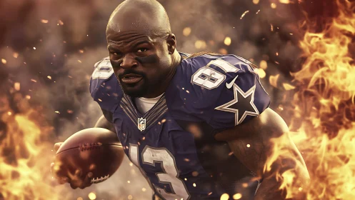 Gridiron runner in blue jersey framed by cinematic flames.
