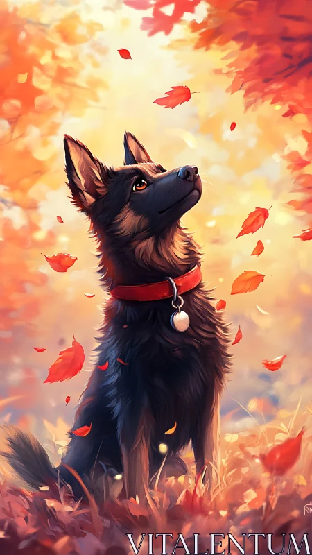 German shepherd dog in autumn foliage digital illustration.