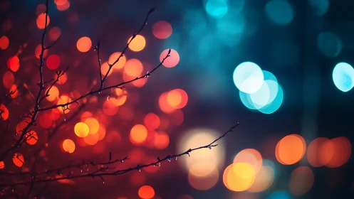 Delicate Branch Silhouette with Colorful Bokeh Lights in Abstract Style.