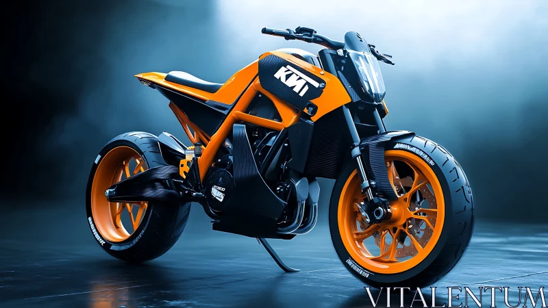 High-torque orange streetfighter motorcycle in studio fog.