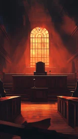 Sunlit judge’s bench glows within a silent courtroom.