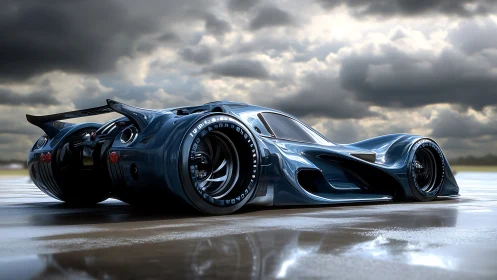 Storm-chasing hypercar prowls a rain-slick futuristic runway.