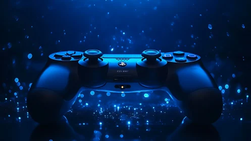 Blue illuminated game controller on abstract bokeh field.