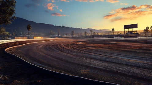 Dirt racetrack curves under low sunset light with distant hills