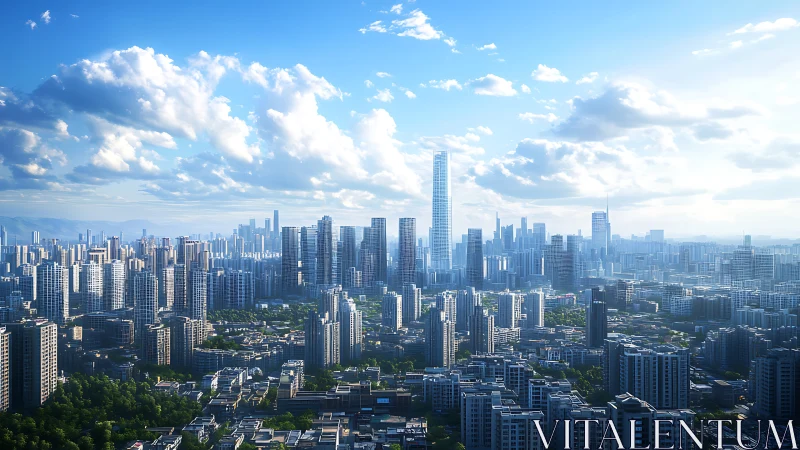 Dense modern city skyline under clear blue daytime sky.