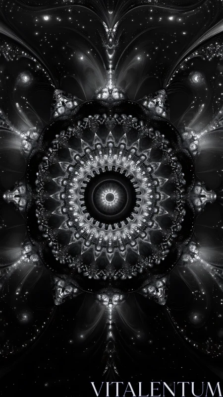 Radial monochrome fractal mandala with stellar particle symmetry