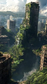 Overgrown high‑rise ruins in dense post‑urban canyonscape.