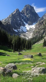 Glaciated granite spires above alpine meadow and conifer basin.