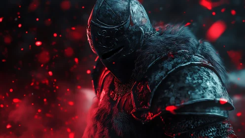 Cinematic armored knight portrait with ember-lit atmosphere.