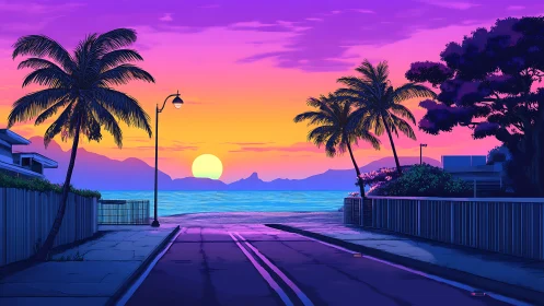 Neon dusk strolls toward a synthwave-kissed ocean horizon